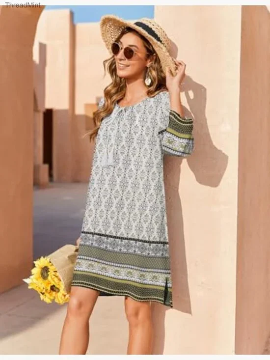 Rayon Boho Floral Mini Dress 3/4 Sleeve Tassel Tie Neck Casual Beach - Picture 6 of 7